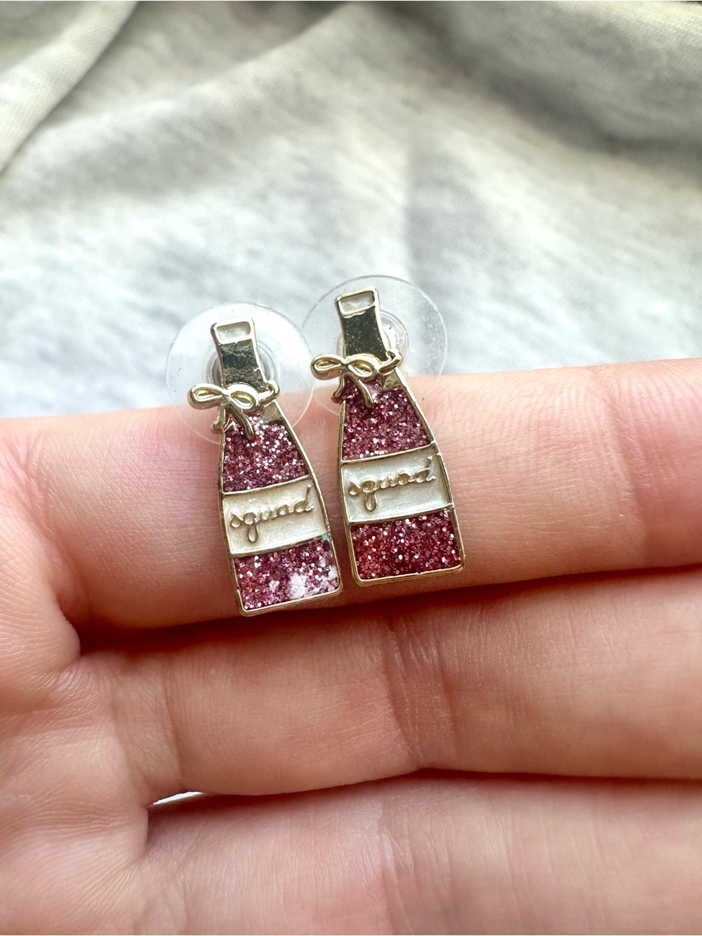 Pink Glitter Champagne Bottle Stud Earrings